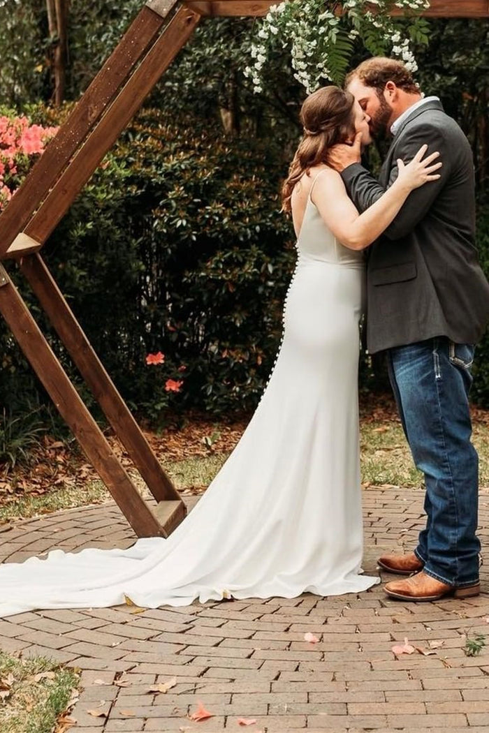 White Cowl Neck Backless Long Wedding Dress with Slit