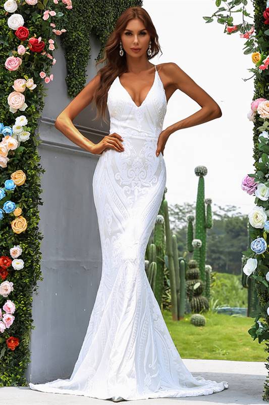 White Jacquard V-Neck Backless Mermaid Long Evening Dress