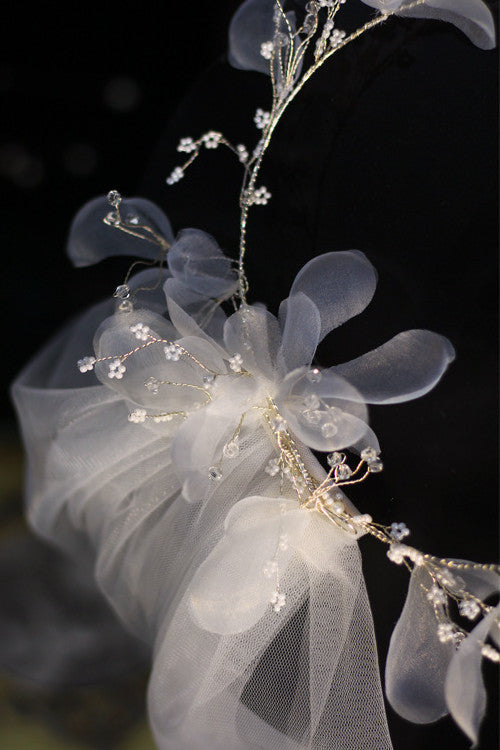 White Mesh Bridal Veil with Floral Hair Wreath