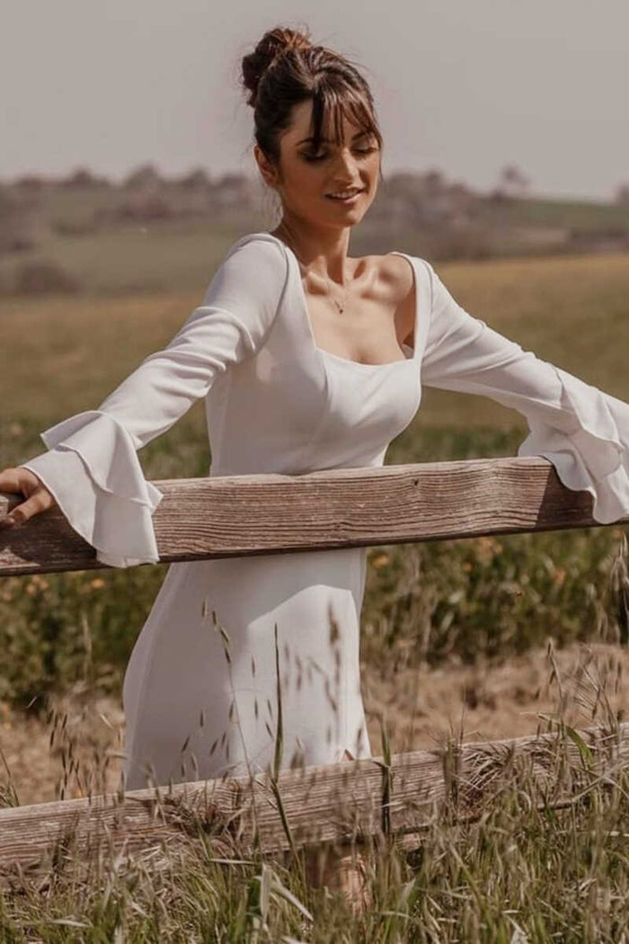 White Square Neck Long Sleeve Long Wedding Dress with Slit