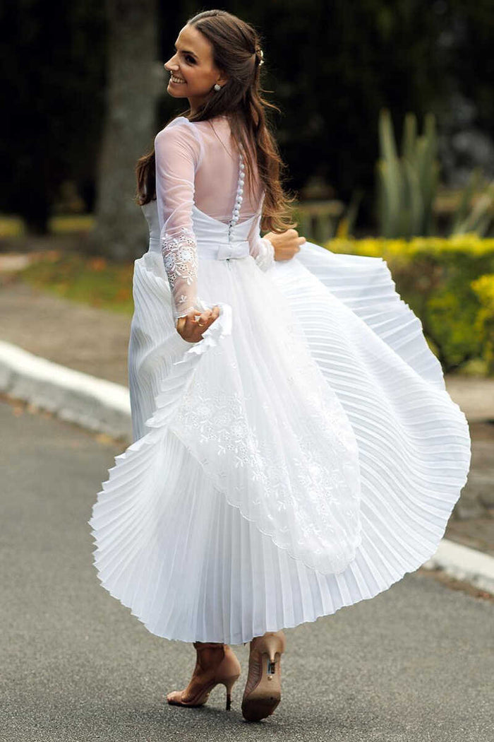 White Sweetheart Sheer Sleeve Tea-length Wedding Dress
