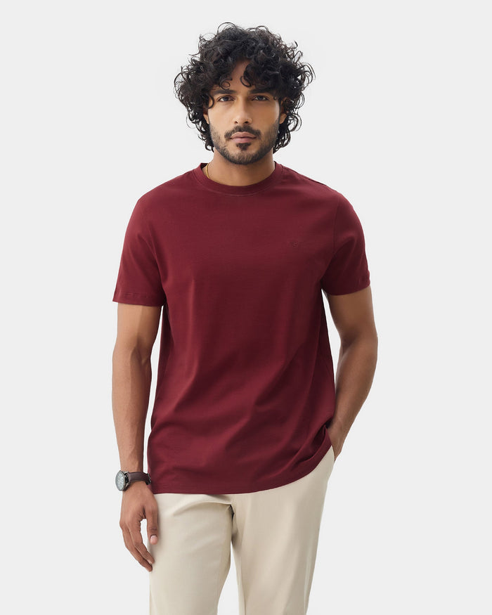Winery Red Crew Neck Textured T-Shirt - Yamazaki