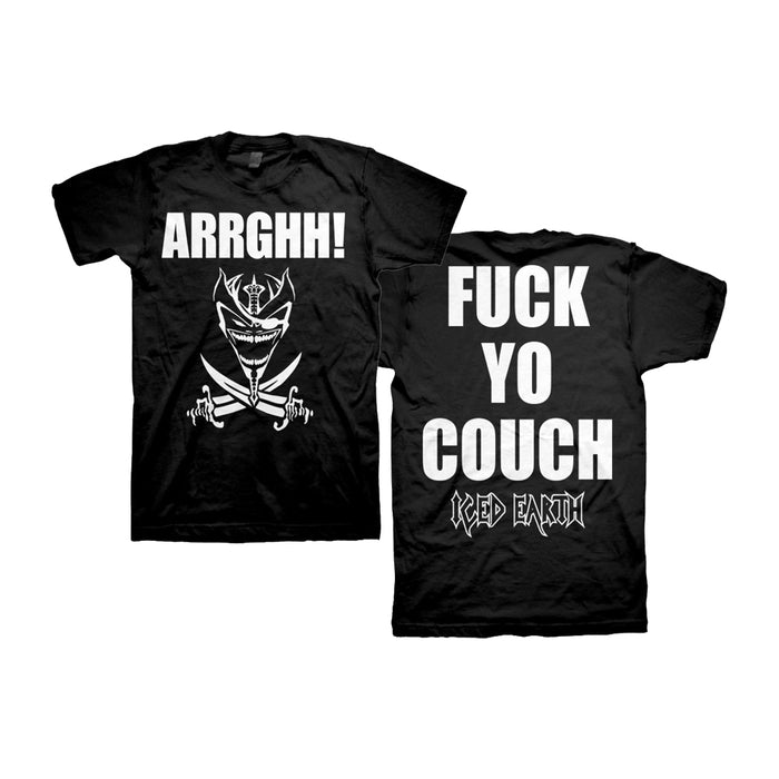 Black t-shirt by Iced Earth featuring ARRGHH! and skull and crossbones on the front; back says FUCK YO COUCH in bold white letters with ICED EARTH below.
