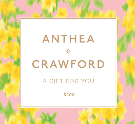 Gift card with floral design and 'Anthea Crawford' branding. $200 Online Gift Card