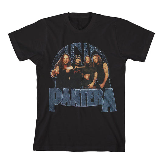 Pantera black t-shirt with a vintage, distressed image of four long-haired band members posed above the bold, stylized Pantera logo.
