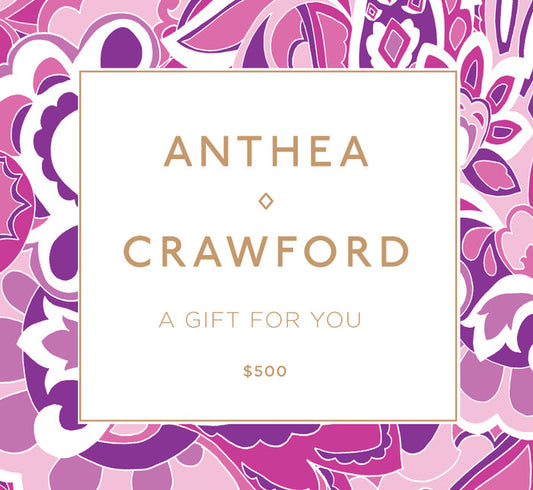 Gift certificate for Anthea Crawford with a decorative purple and pink floral border. $500 Online Gift Card