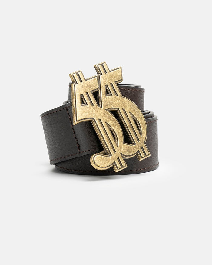 55 DOLLAR BELT BROWN - brown leather belt with dollar buckle, front view - Cold Culture