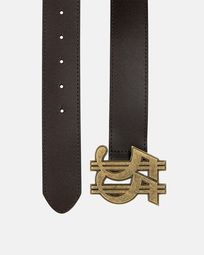 55 DOLLAR BELT BROWN - brown leather belt with dollar buckle, flat lay - Cold Culture