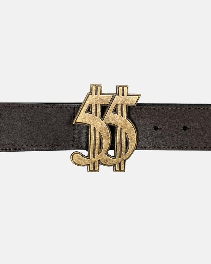 55 DOLLAR BELT BROWN - brown leather belt with dollar buckle, detail close-up - Cold Culture