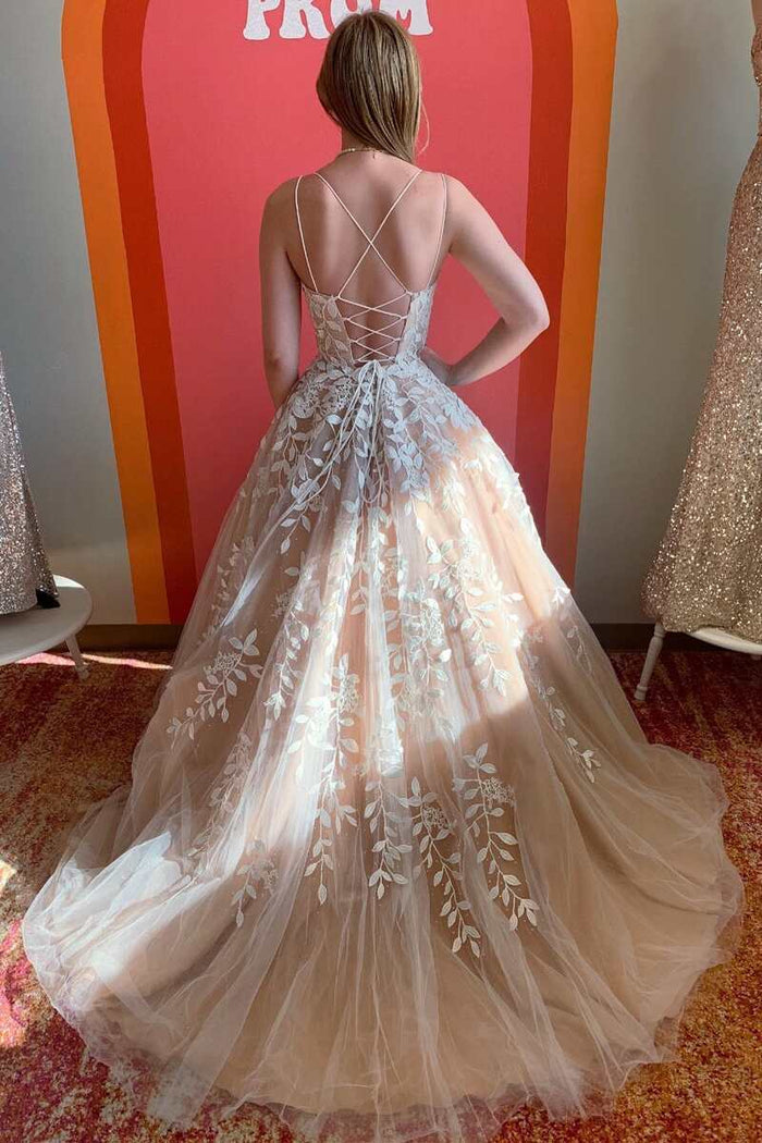A-Line Nude Pink Straps Appliques Long Prom Gown
