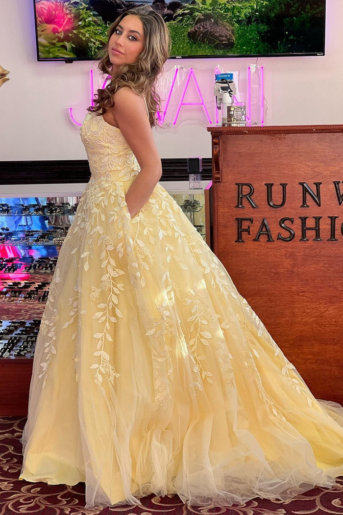 A-Line Nude Pink Straps Appliques Long Prom Gown