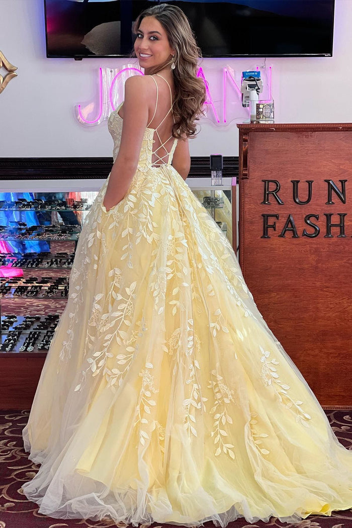 A-Line Nude Pink Straps Appliques Long Prom Gown