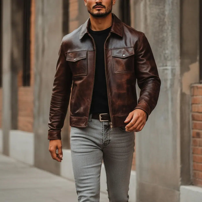 Man wearing a brown leather jacket and gray jeans standing in an urban setting.