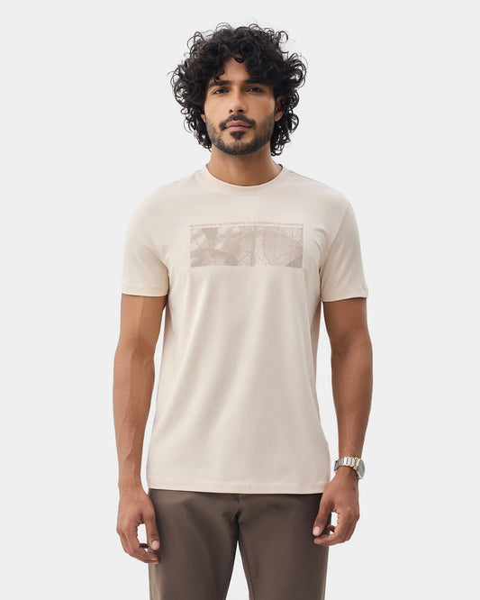 Almond Beige Crew Neck Printed T-Shirt - Supi