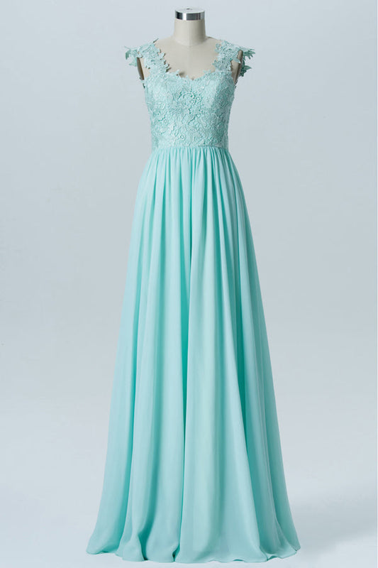 Aqua Blue Floral Embroidered Pleated Bridesmaid Dress