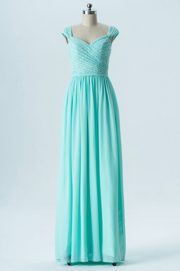 Aqua Blue Sweetheart Cap Sleeve Bridesmaid Dress