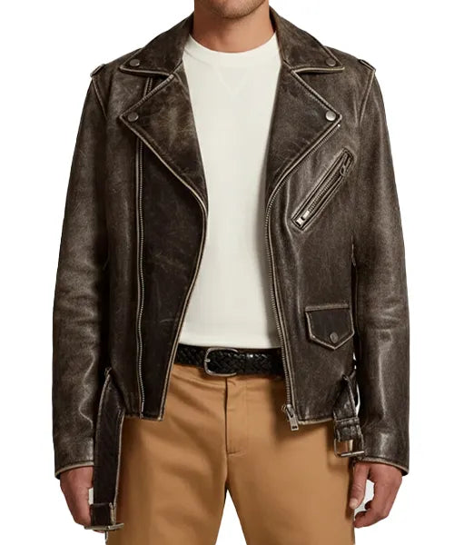 Austin Butler Distressed Brown Leather Bomber Jacket