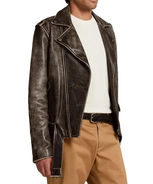 Austin Butler Distressed Brown Leather Bomber Jacket