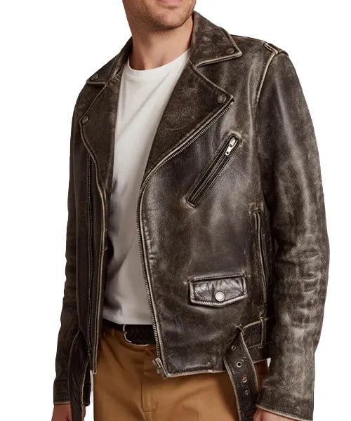 Austin Butler Distressed Brown Leather Bomber Jacket