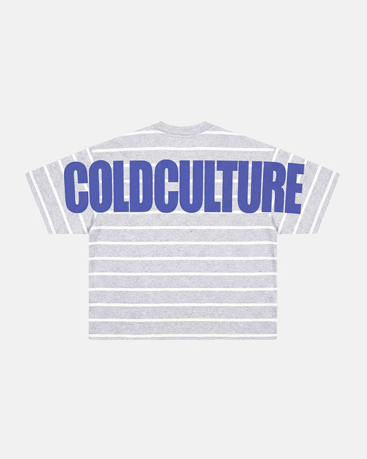 BAY STRIPE TEE GREY - grey striped tee, back view - Cold Culture