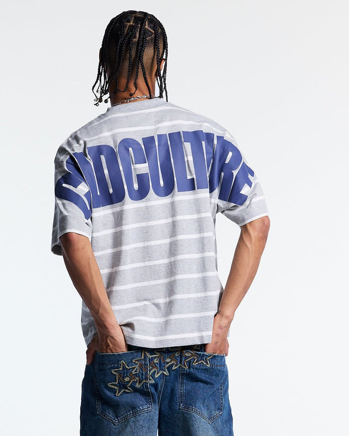 BAY STRIPE TEE GREY - grey striped tee, back view on male model - Cold Culture