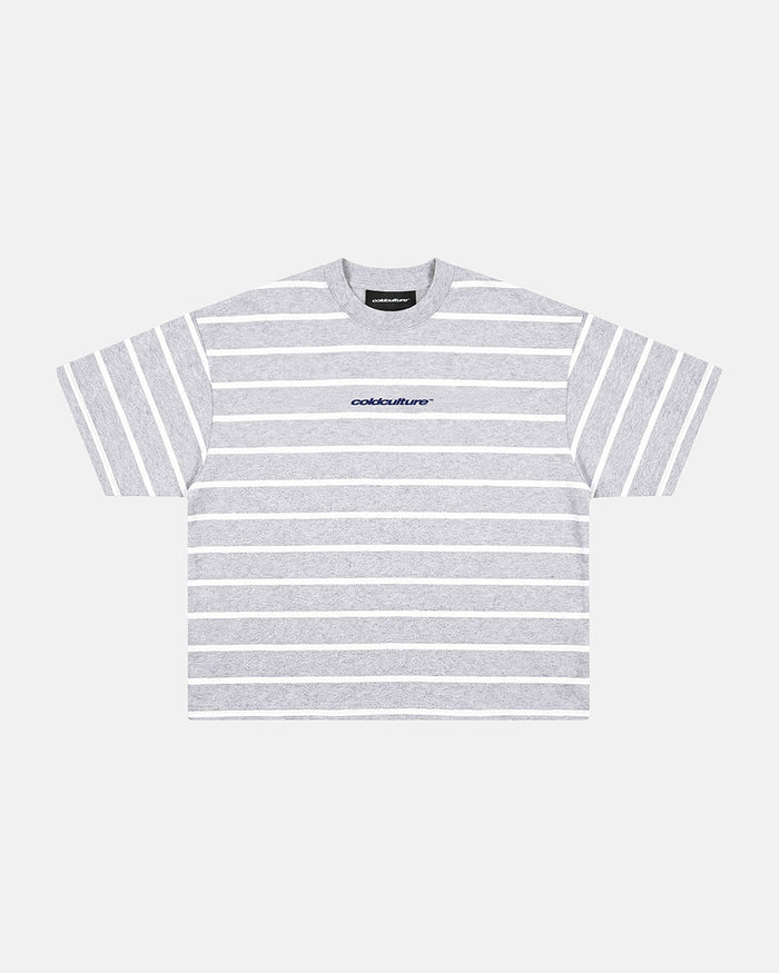 BAY STRIPE TEE GREY - grey striped tee, front view - Cold Culture