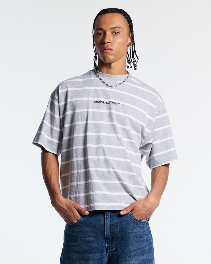 BAY STRIPE TEE GREY - grey striped tee, front view on male model - Cold Culture