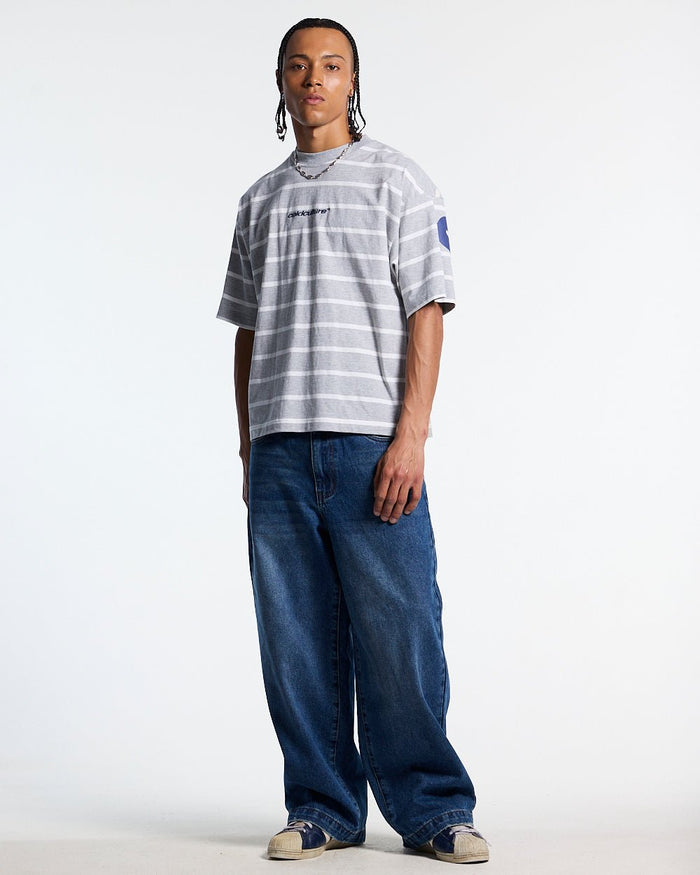 BAY STRIPE TEE GREY - grey striped tee, front view on male model - Cold Culture