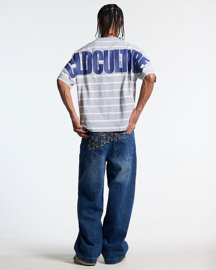 BAY STRIPE TEE GREY - grey striped tee, back view on male model - Cold Culture