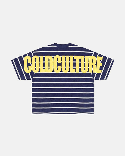 BAY STRIPE TEE NAVY - navy striped tee, back view - Cold Culture
