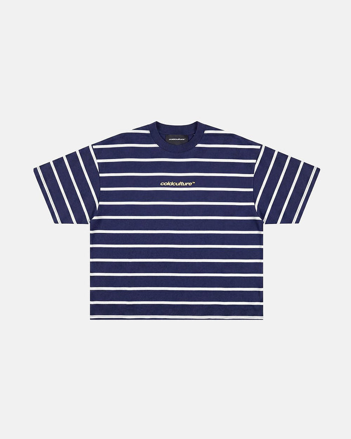 BAY STRIPE TEE NAVY - navy striped tee, front view - Cold Culture