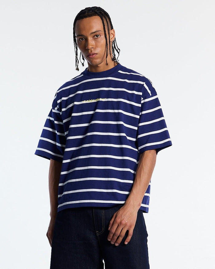 BAY STRIPE TEE NAVY - navy striped tee, front view on male model - Cold Culture
