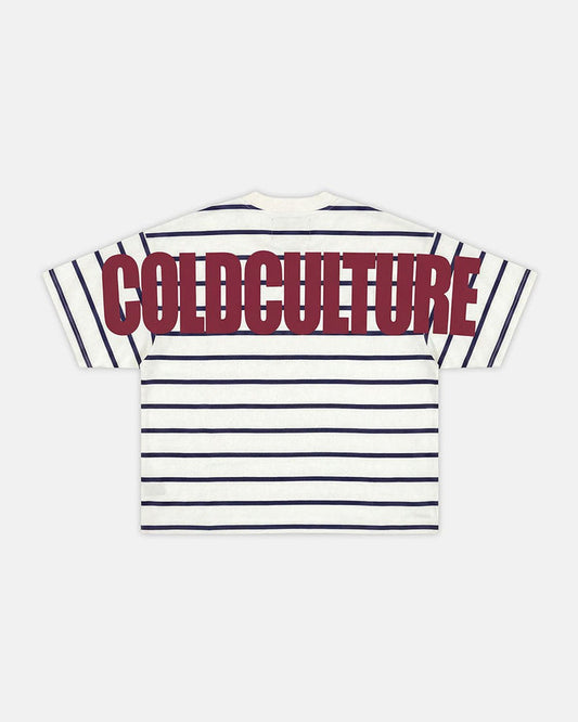 BAY STRIPE TEE WHITE - white striped tee, back view - Cold Culture