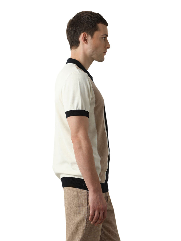 Beige Colourblocked Knitted Polo