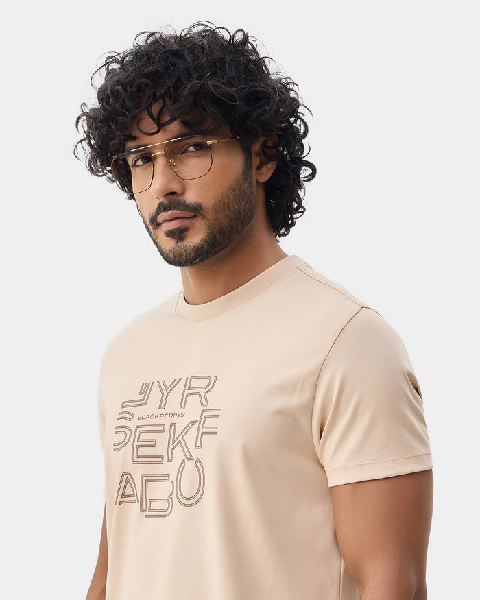 Beige Crew Neck Printed T-Shirt - Kamigata
