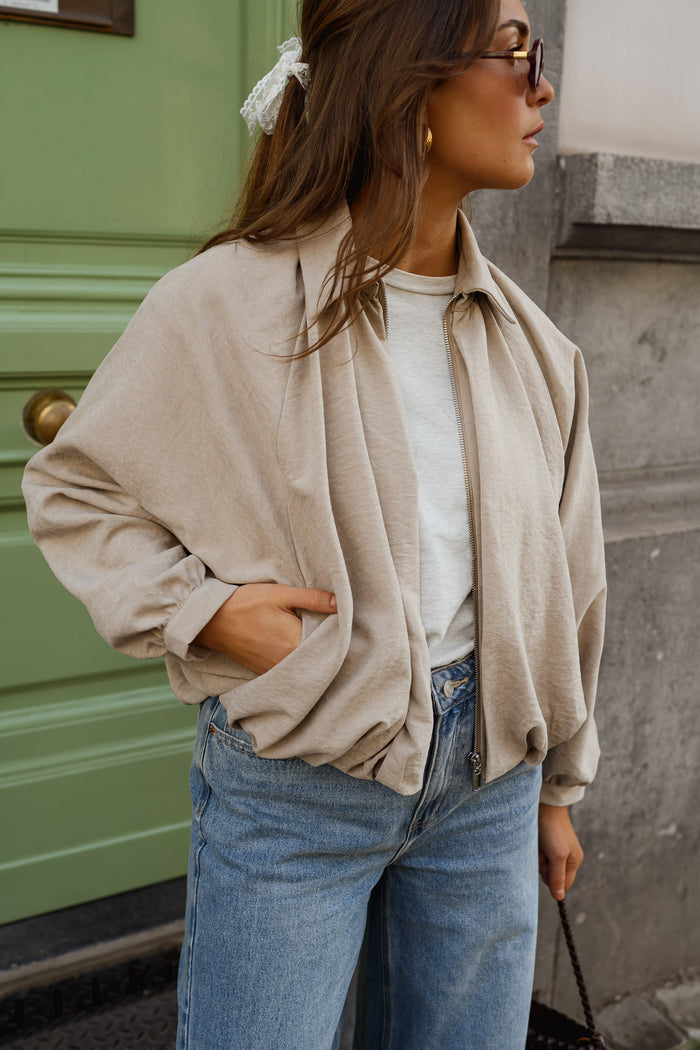 Beige Frederica jacket silver zipper detail