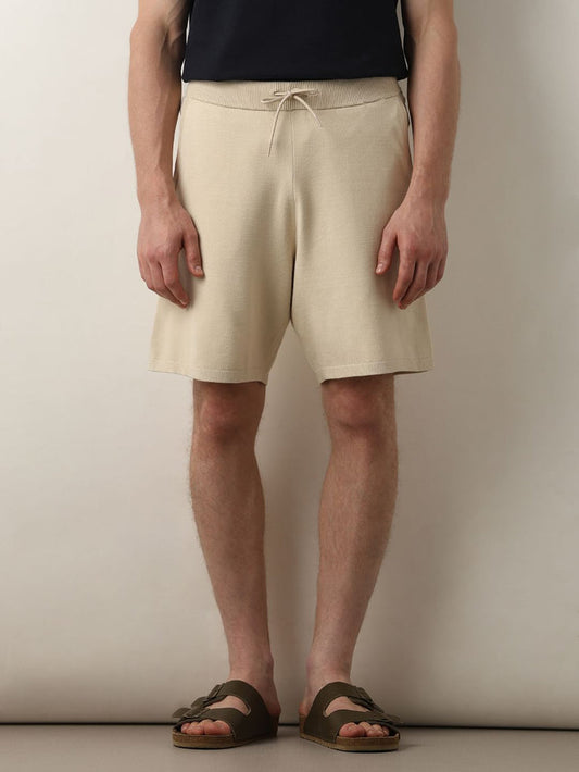 Beige Mid Rise Knitted Shorts