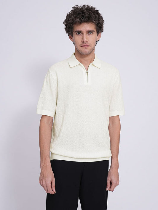 Beige Organic Cotton Zip Polo