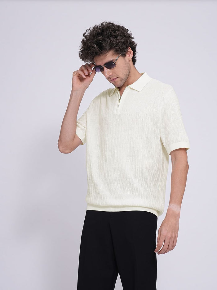 Beige Organic Cotton Zip Polo
