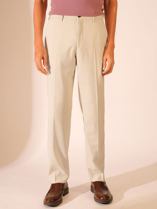 Beige Regular Fit Tailored Trousers