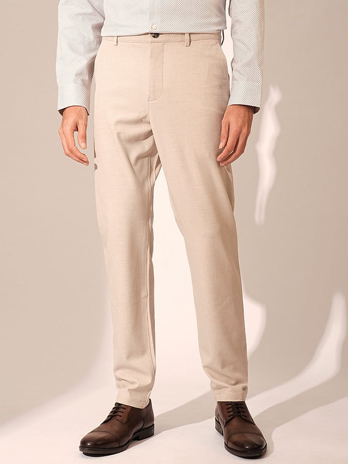 Beige Slim Fit Tailored Trousers