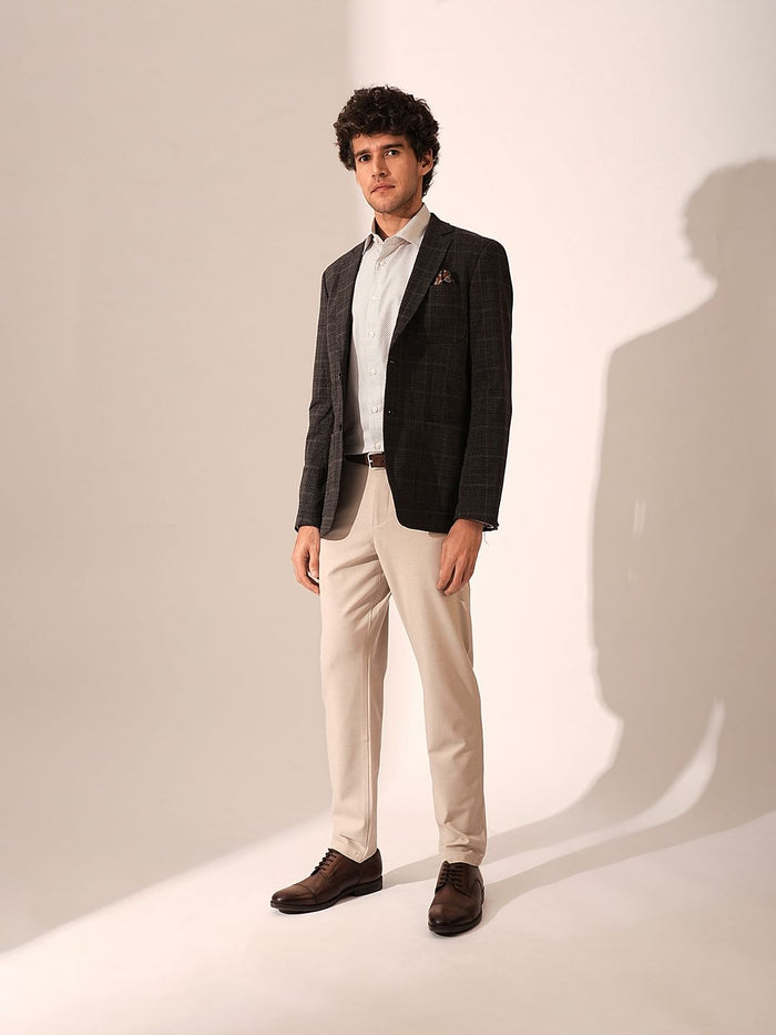 Beige Slim Fit Tailored Trousers