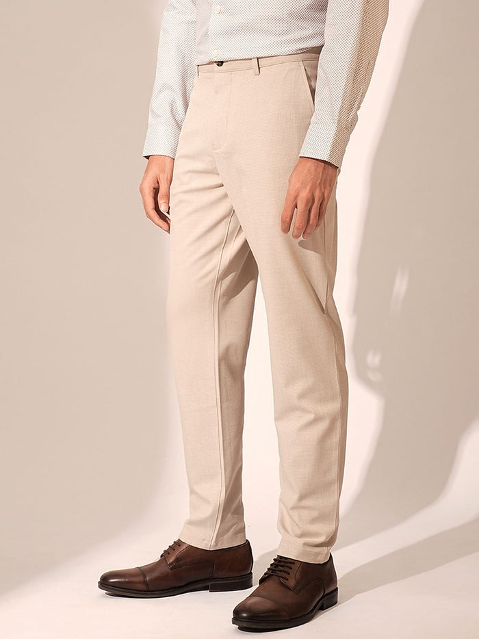 Beige Slim Fit Tailored Trousers