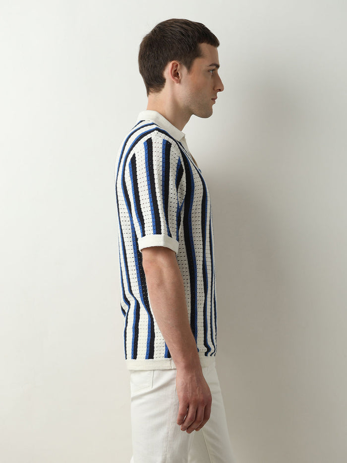 Beige Striped Knitted Polo T-shirt