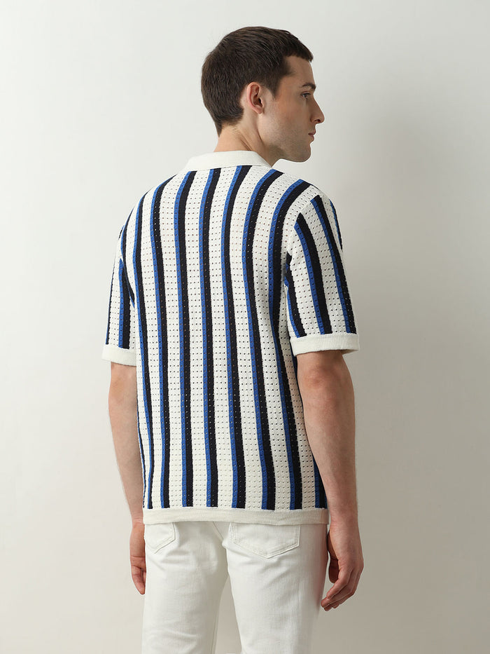 Beige Striped Knitted Polo T-shirt