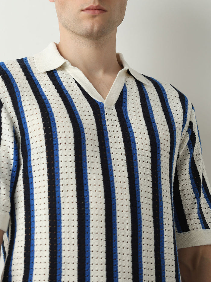 Beige Striped Knitted Polo T-shirt