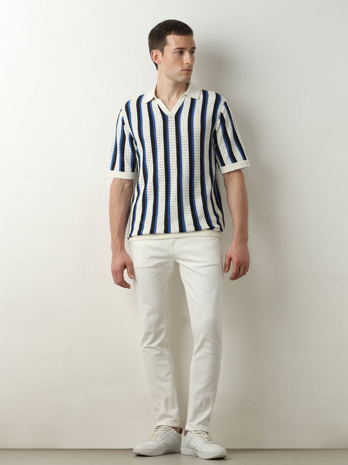 Beige Striped Knitted Polo T-shirt