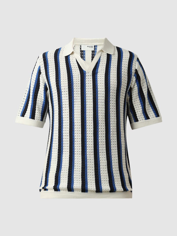 Beige Striped Knitted Polo T-shirt