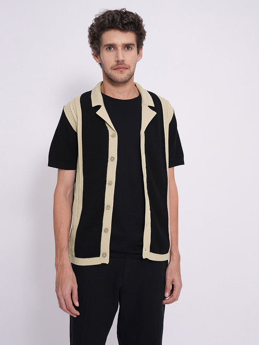 Black Colourblocked Cotton Knitted Polo