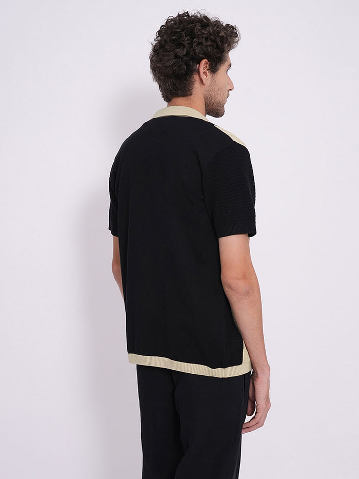 Black Colourblocked Cotton Knitted Polo